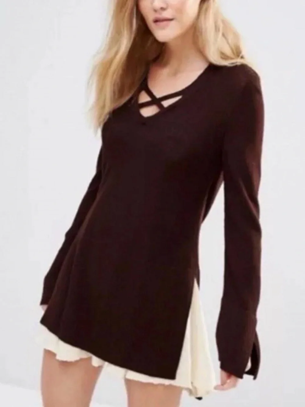Free People Tunic Sweater CrissCross Front Knit Mocha Brown Linen Blend Sz S